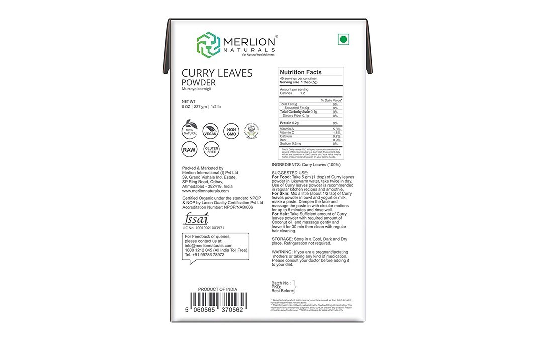 MERLION NATURALS Curry Leaves Powder    Pack  227 grams